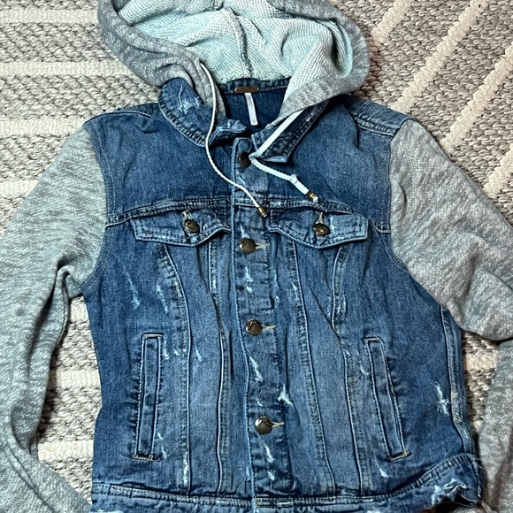 Free People Blue Denim Jacket with Gray Knit Accents - Picture 6 of 10
